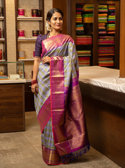 Pastel Checks Pure Zari Korvai Kanchipuram Silk Saree - Clio Silks