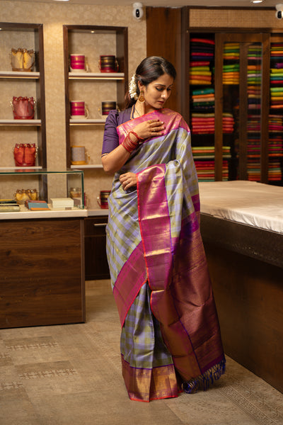 Pastel Checks Pure Zari Korvai Kanchipuram Silk Saree - Clio Silks