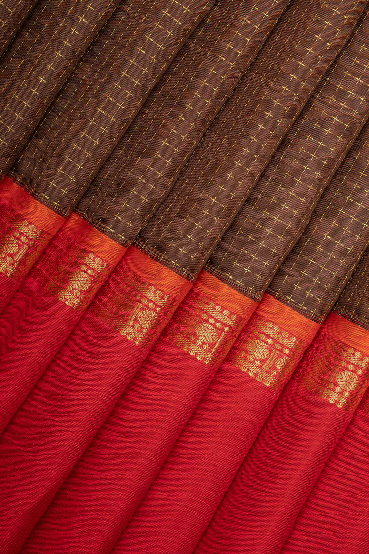 Brown and Red Plus Butta Pure Kanchipuram Silk Saree