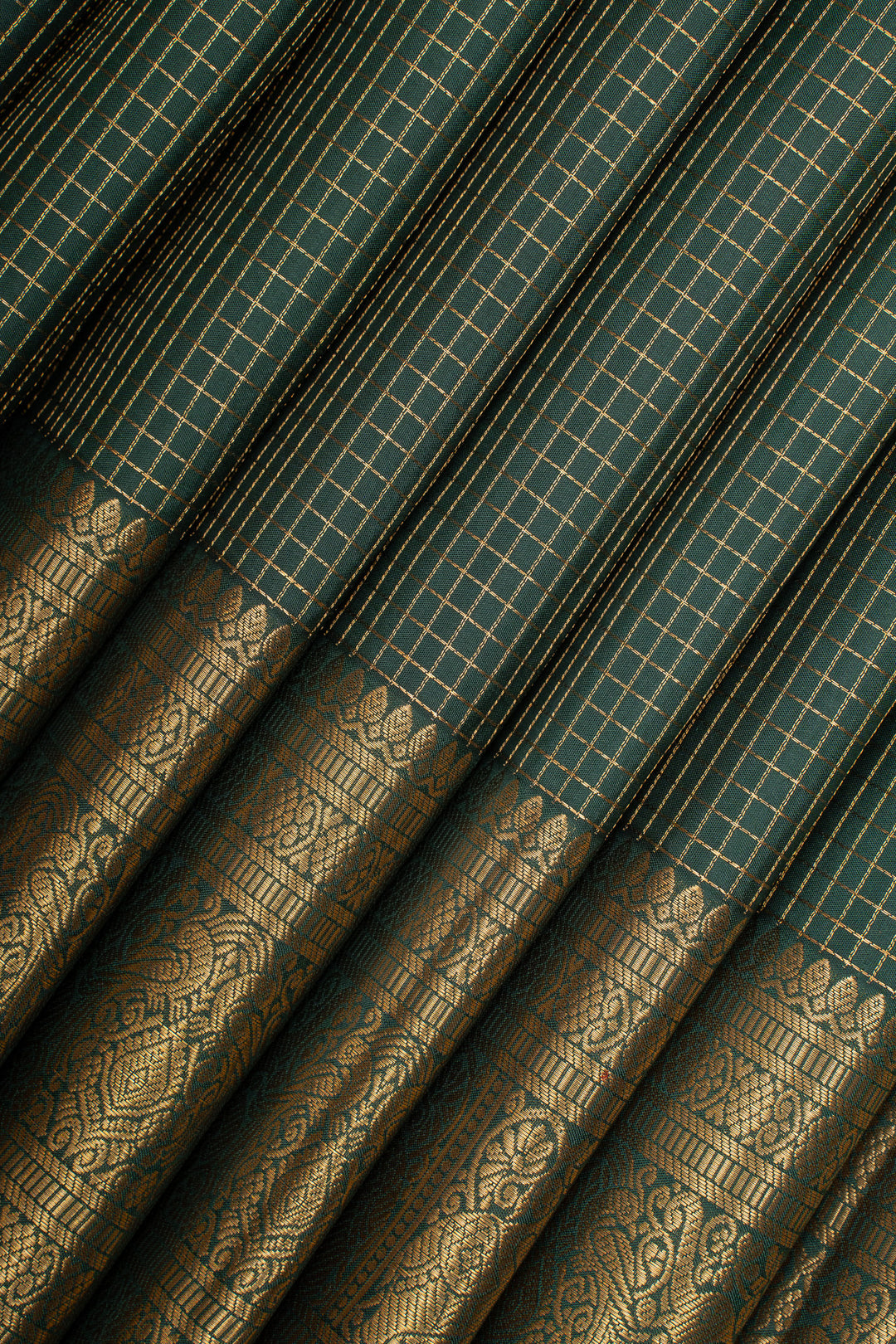 Bottle Green Zari Checks Pure Kanchipuram Silk Saree