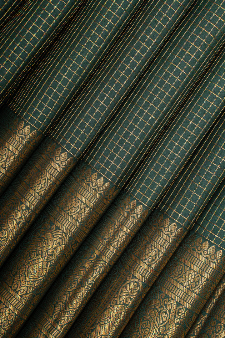 Bottle Green Zari Checks Pure Kanchipuram Silk Saree