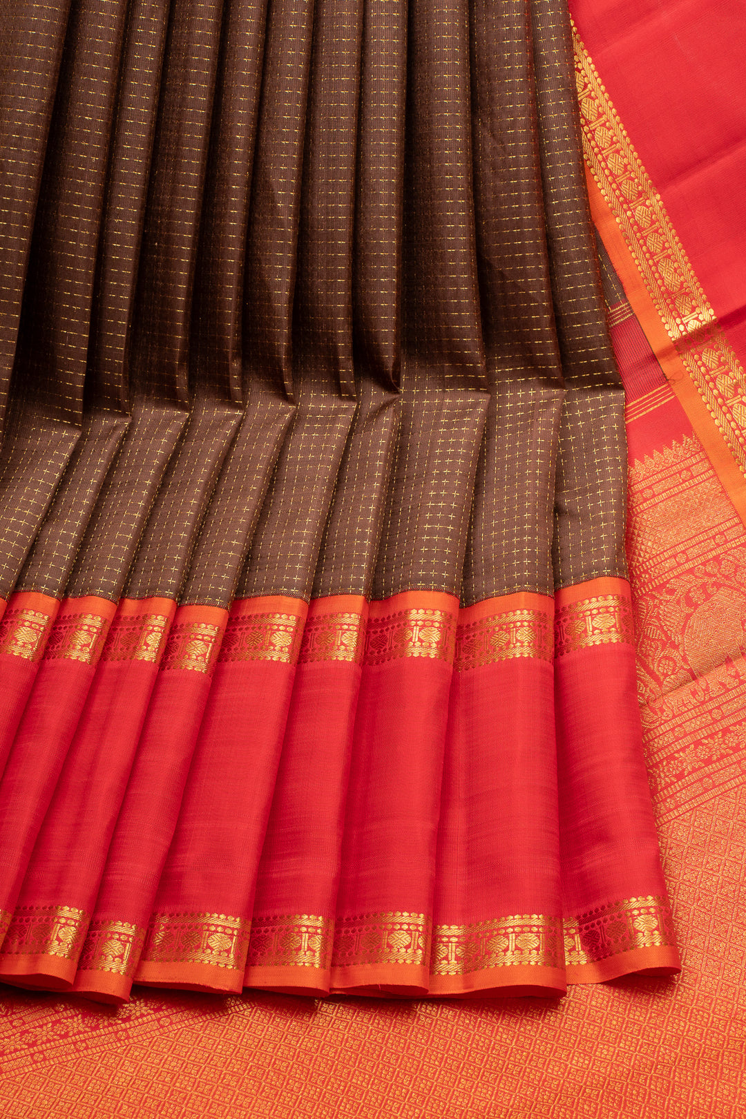 Brown and Red Plus Butta Pure Kanchipuram Silk Saree
