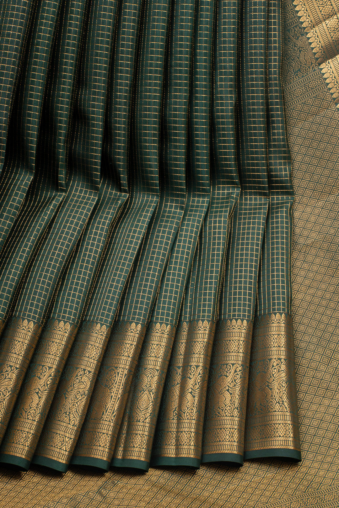 Bottle Green Zari Checks Pure Kanchipuram Silk Saree`