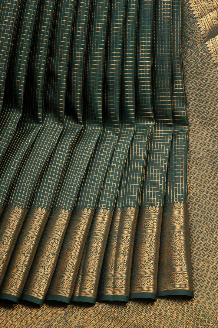 Bottle Green Zari Checks Pure Kanchipuram Silk Saree`