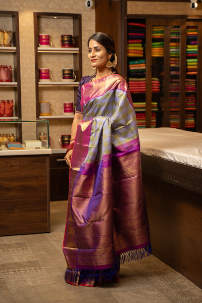 Pastel Checks Pure Zari Korvai Kanchipuram Silk Saree - Clio Silks