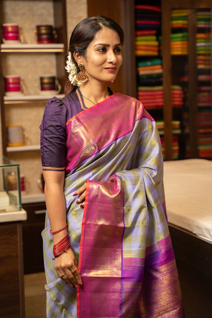 Pastel Checks Pure Zari Korvai Kanchipuram Silk Saree - Clio Silks