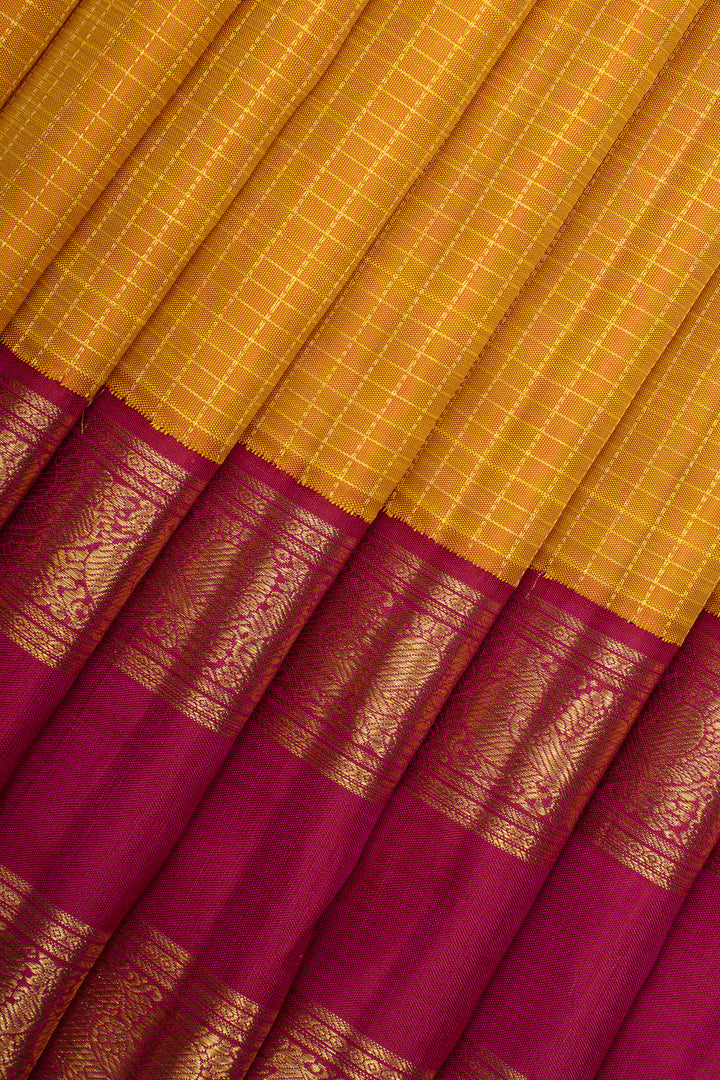 Mustard checks pure kanchipuram silk saree