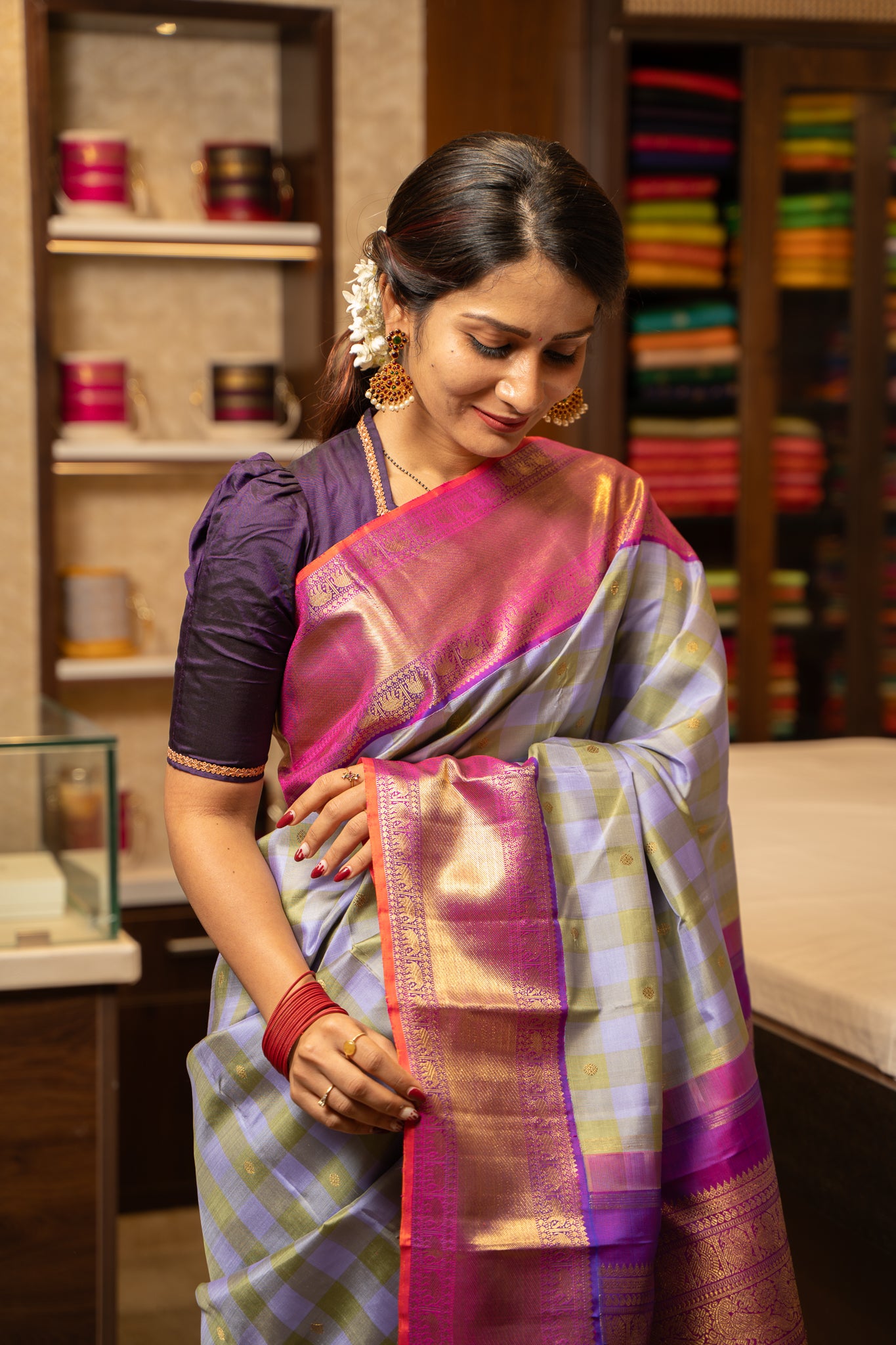 Pastel Checks Pure Zari Korvai Kanchipuram Silk Saree - Clio Silks