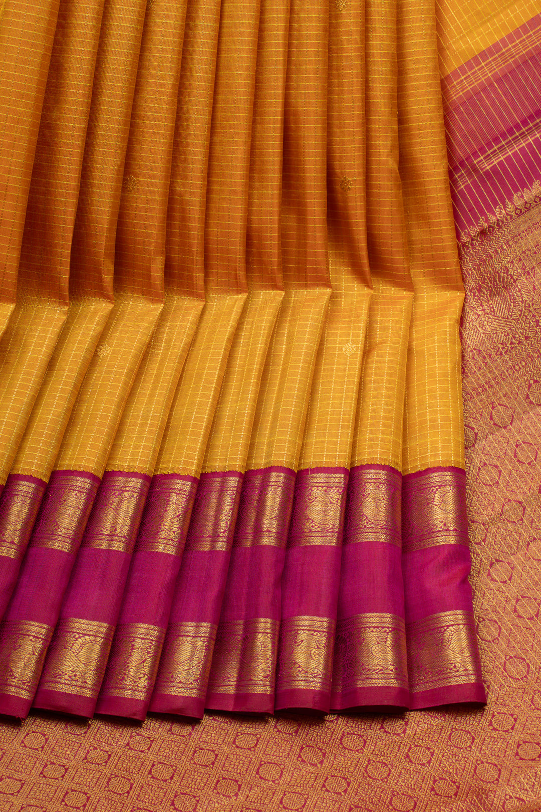 Mustard checks pure kanchipuram silk saree