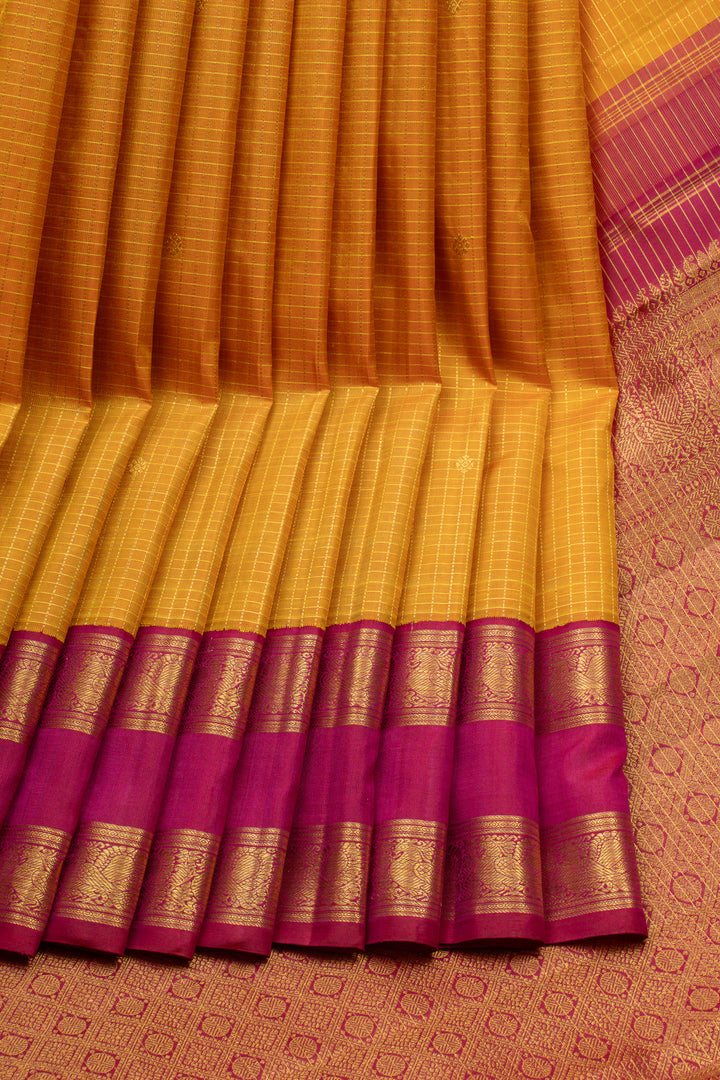 Mustard checks pure kanchipuram silk saree