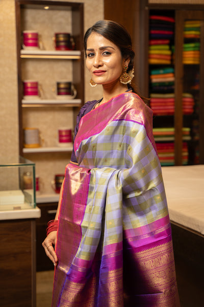 Pastel Checks Pure Zari Korvai Kanchipuram Silk Saree - Clio Silks