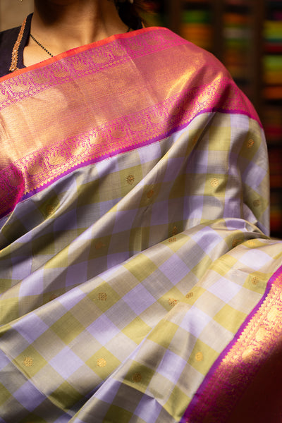 Pastel Checks Pure Zari Korvai Kanchipuram Silk Saree - Clio Silks