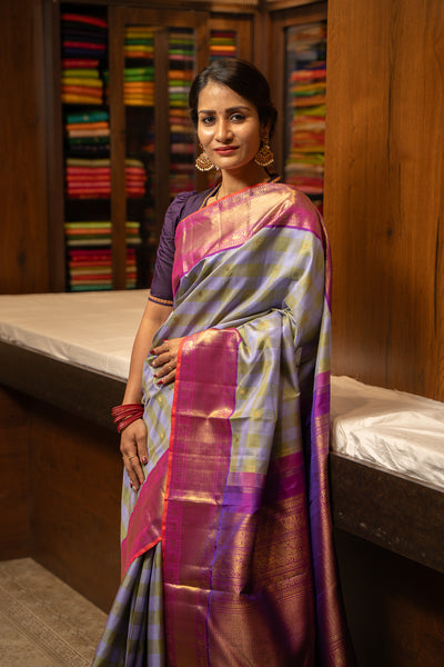 Pastel Checks Pure Zari Korvai Kanchipuram Silk Saree - Clio Silks