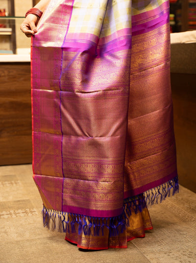 Pastel Checks Pure Zari Korvai Kanchipuram Silk Saree - Clio Silks