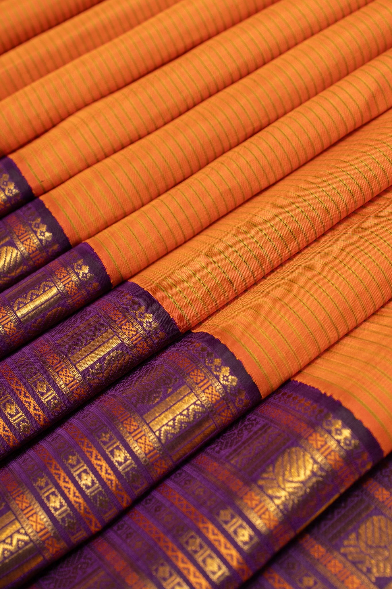 Orange and purple stripes pure Kanchipuram silk saree