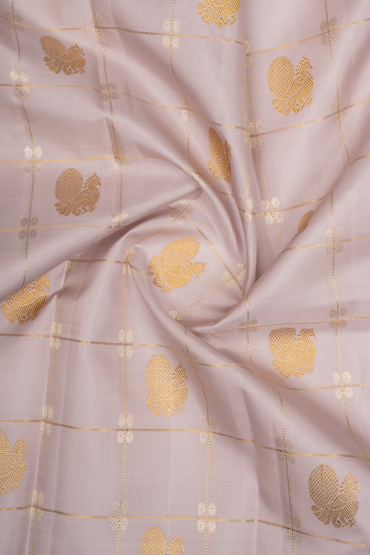 Grey and Jamun Checks Pure Kanchipuram Silk Saree