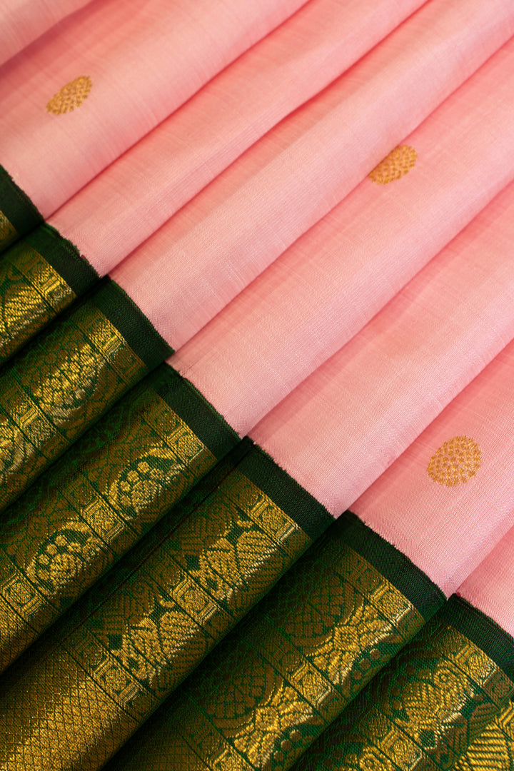 Tea Rose pink and green traditional pure Kanchipuram silk saree