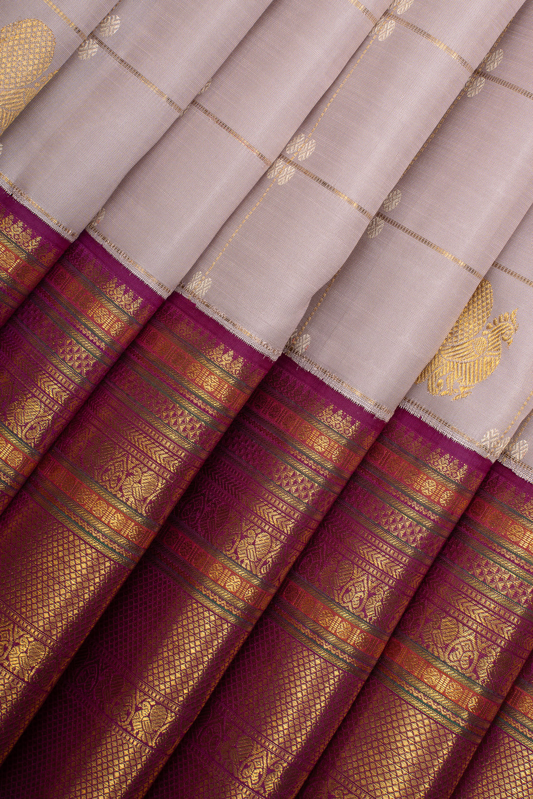 Grey and Jamun Checks Pure Kanchipuram Silk Saree