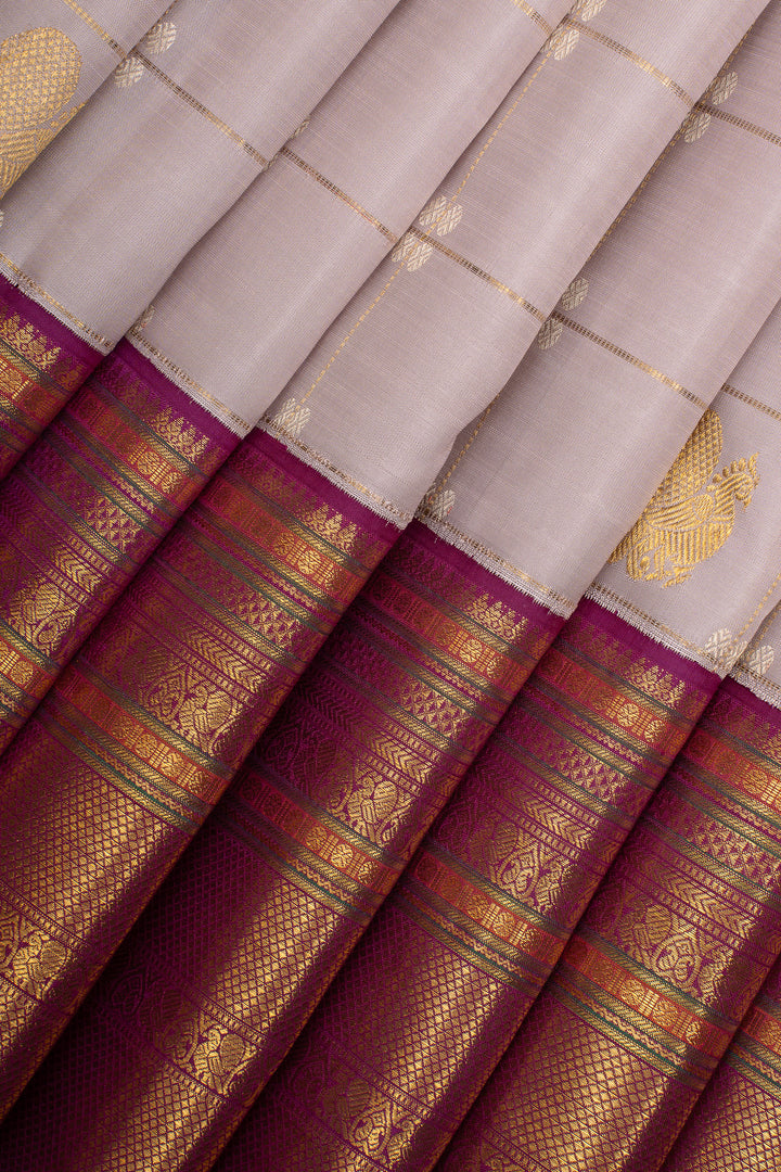 Grey and Jamun Checks Pure Kanchipuram Silk Saree