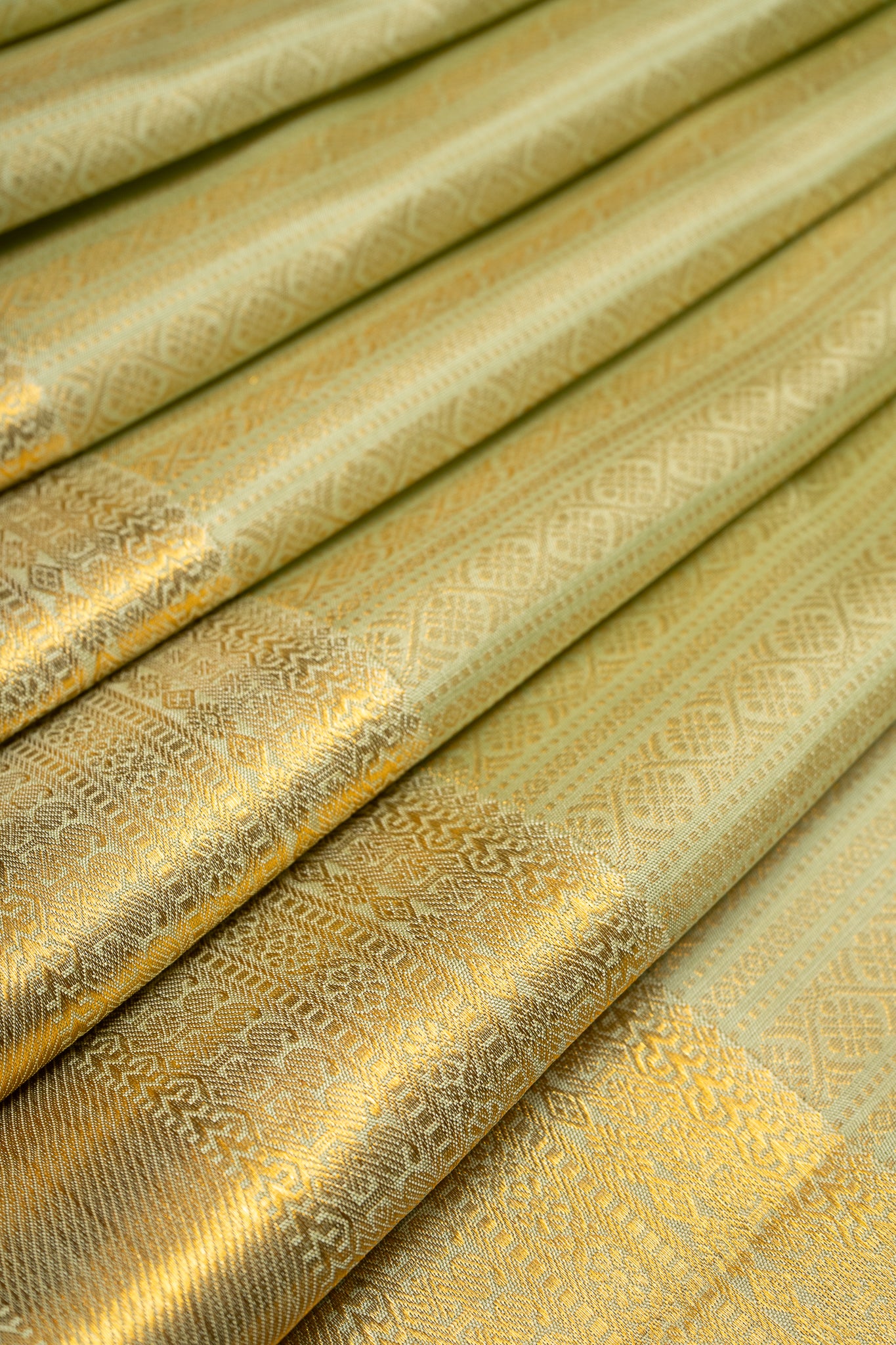 Pastel Green Zari Brocade Stripes Pure Kanchipuram Silk Saree - Clio Silks