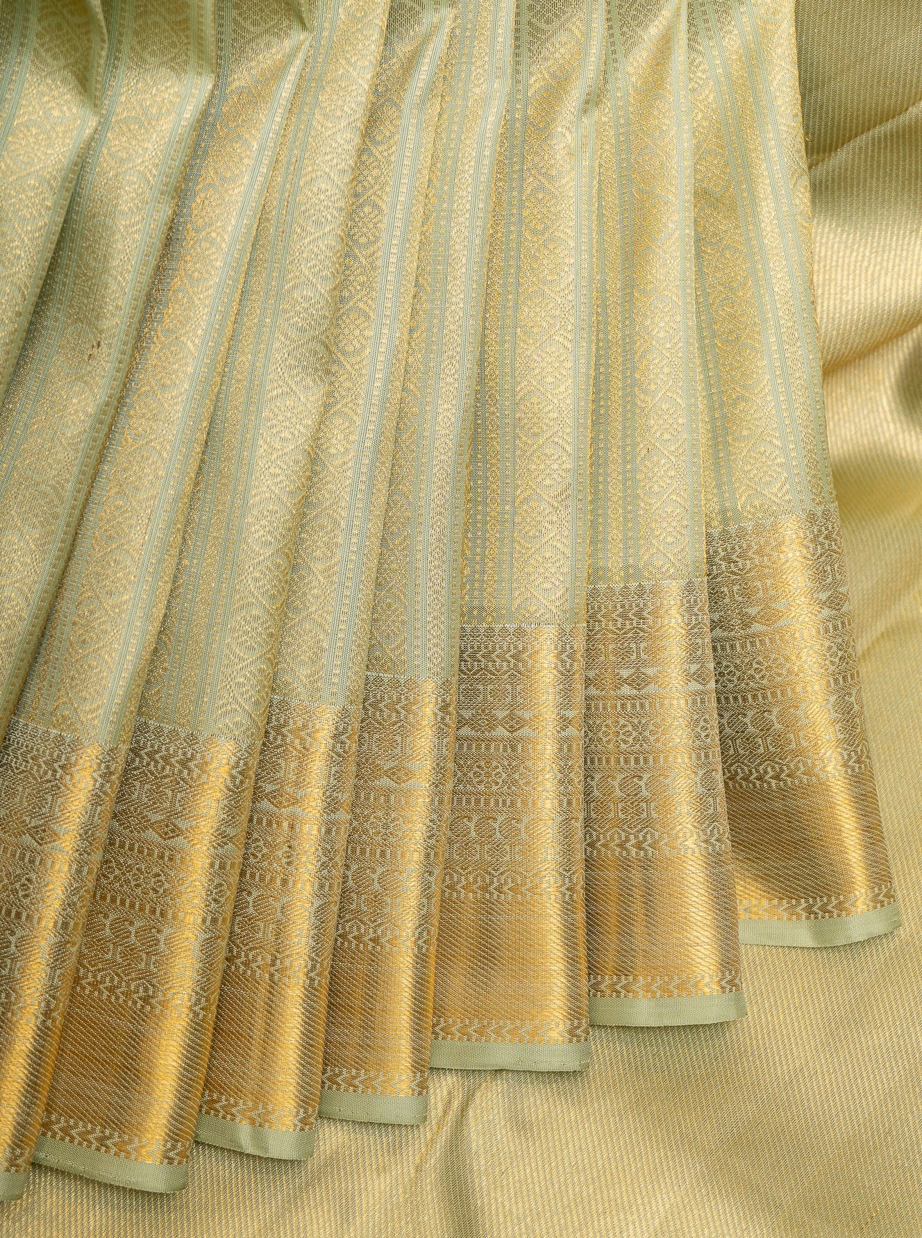 Pastel Green Zari Brocade Stripes Pure Kanchipuram Silk Saree - Clio Silks