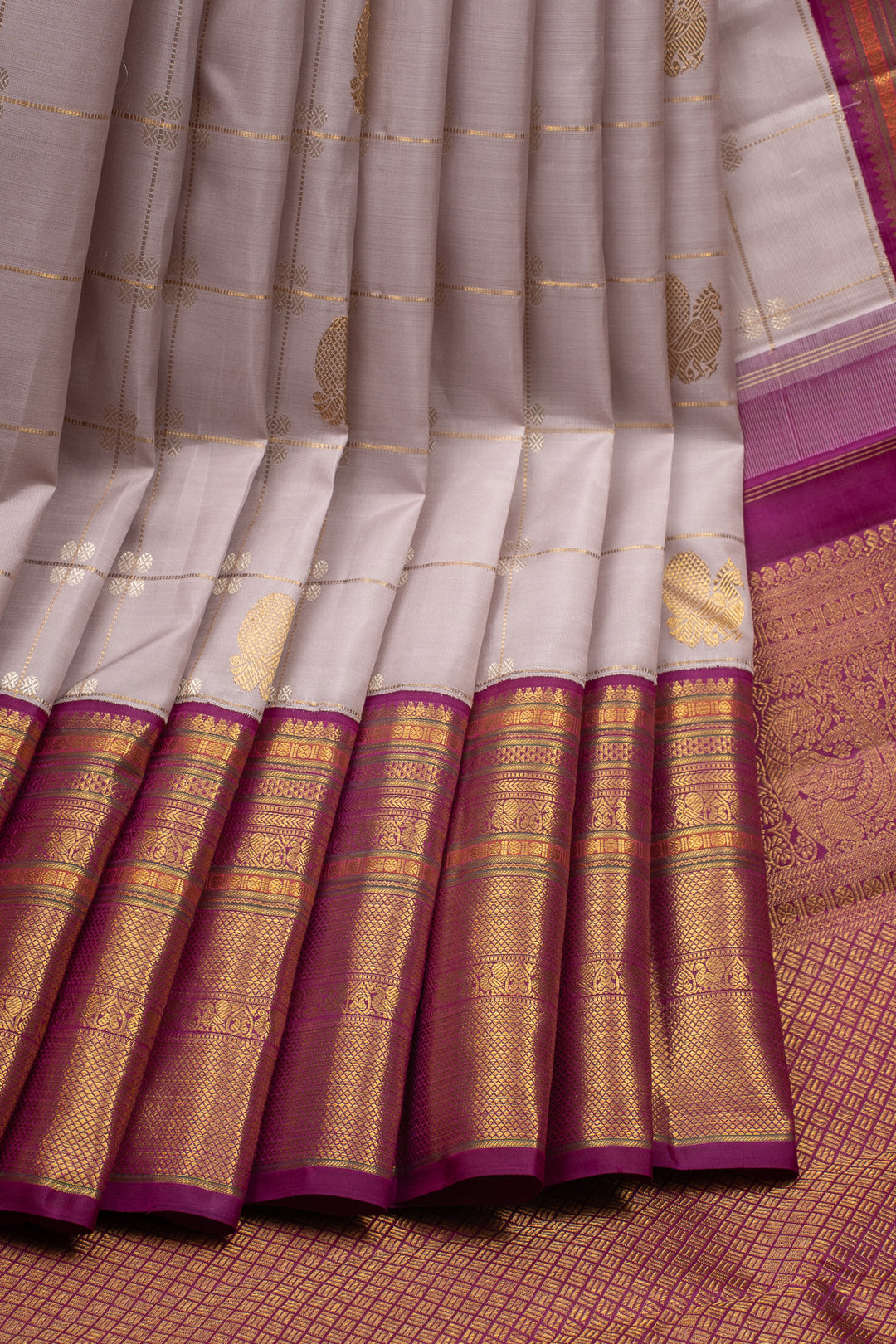 Grey and Jamun Checks Pure Kanchipuram Silk Saree