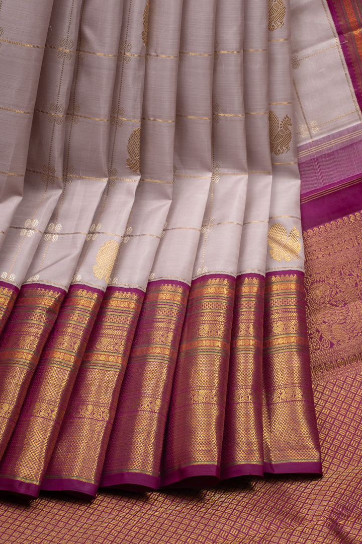Grey and Jamun Checks Pure Kanchipuram Silk Saree