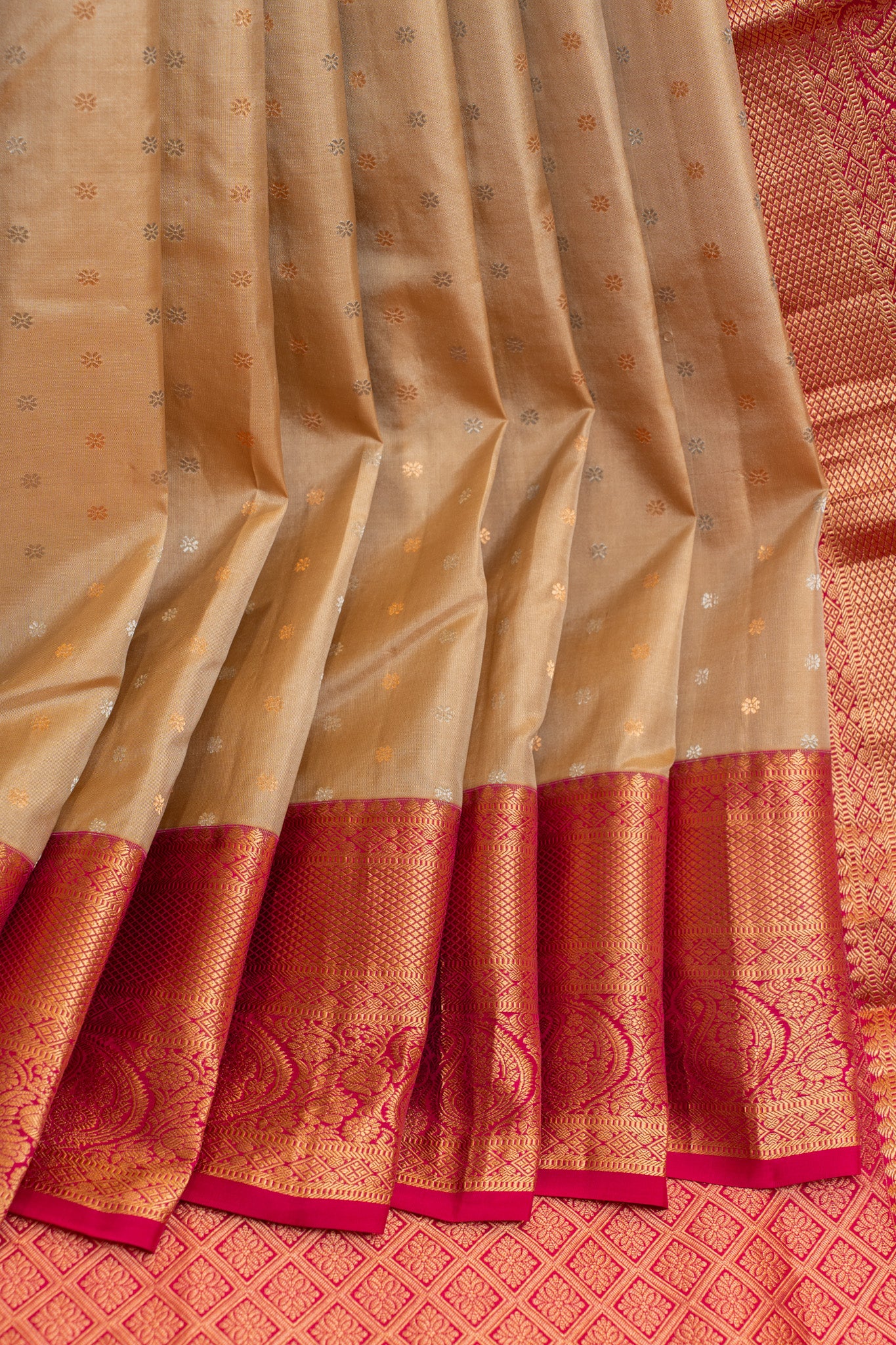 Beige and magenta pure Kanchipuram silk saree