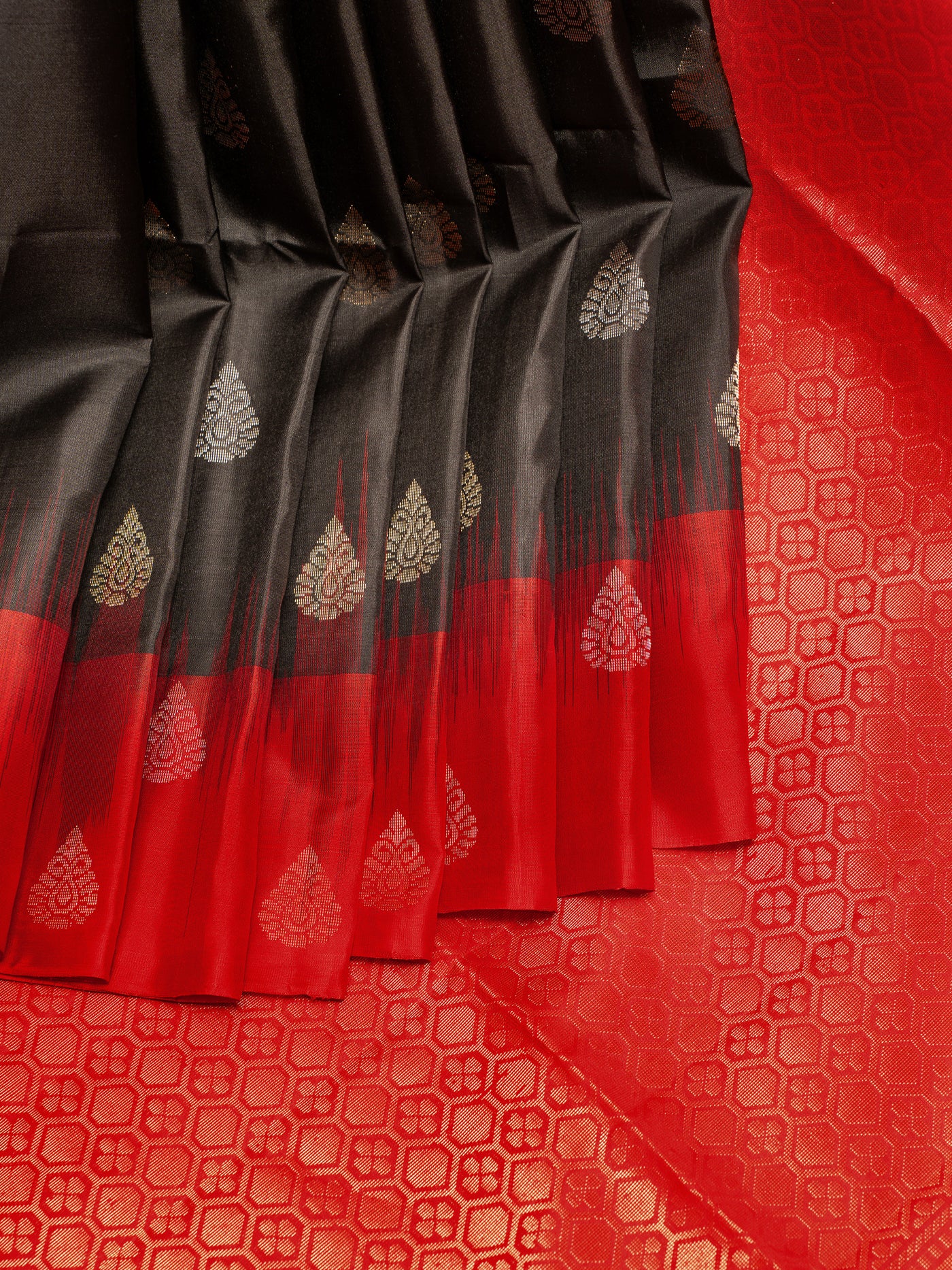 Black Butties and Red Soft Silk Saree | Clio Silks