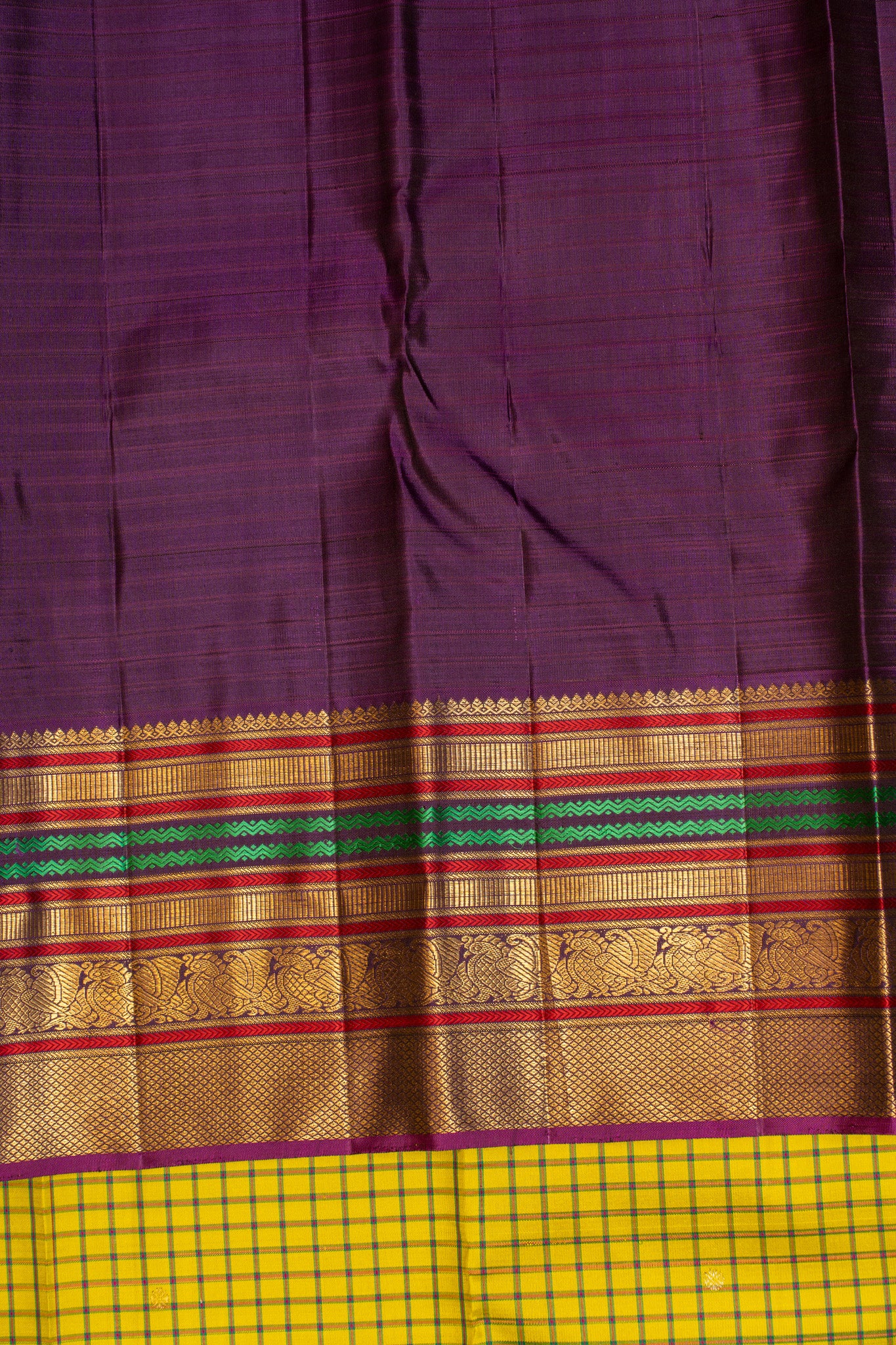 Lime green checks and purple varaisaipettu pure zari Kanchipuram silk saree