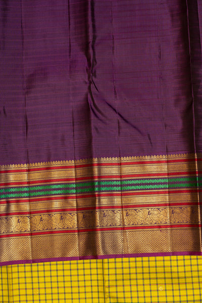 Lime green checks and purple varaisaipettu pure zari Kanchipuram silk saree