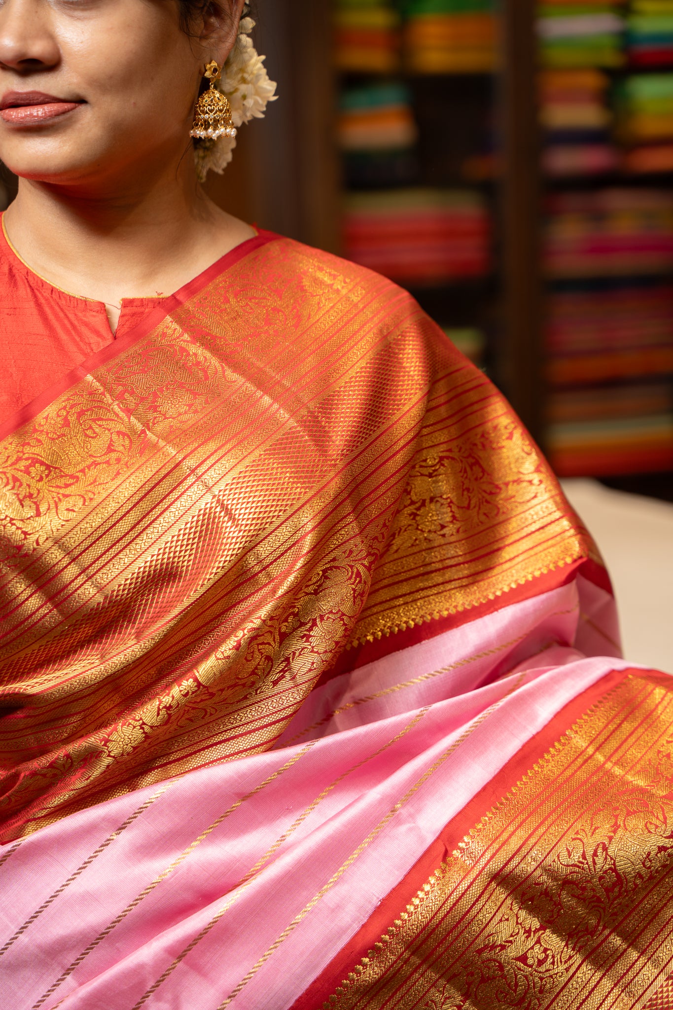 Pink and Red Stripes Pure Kanchipuram Silk Saree - Clio Silks