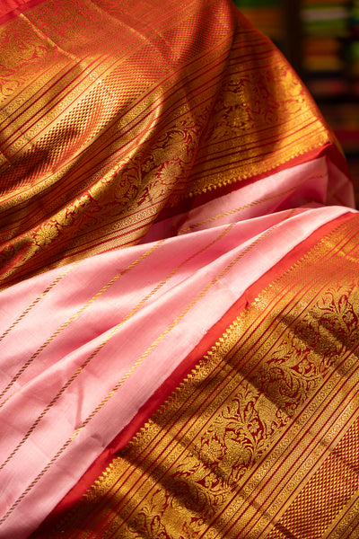 Pink and Red Stripes Pure Kanchipuram Silk Saree - Clio Silks