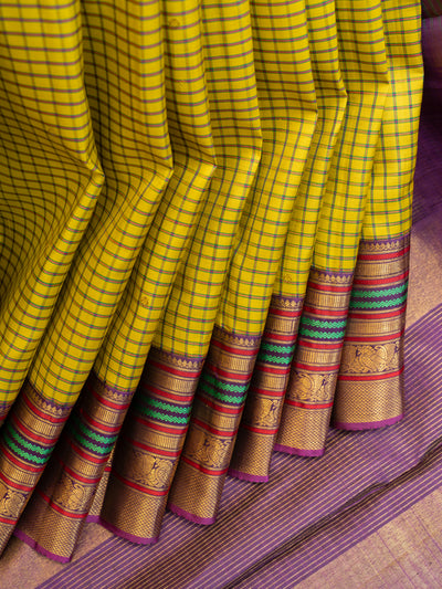 Lime green checks and purple varaisaipettu pure zari Kanchipuram silk saree