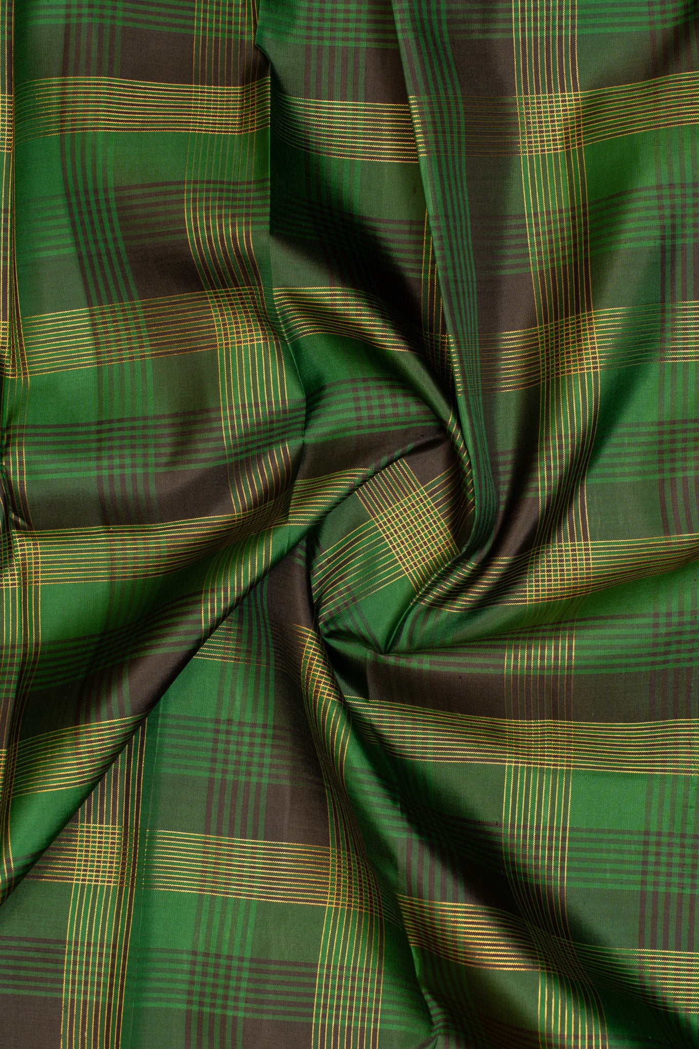 Bottle green and orange plaid checks pure zari Kanchipuram silk saree