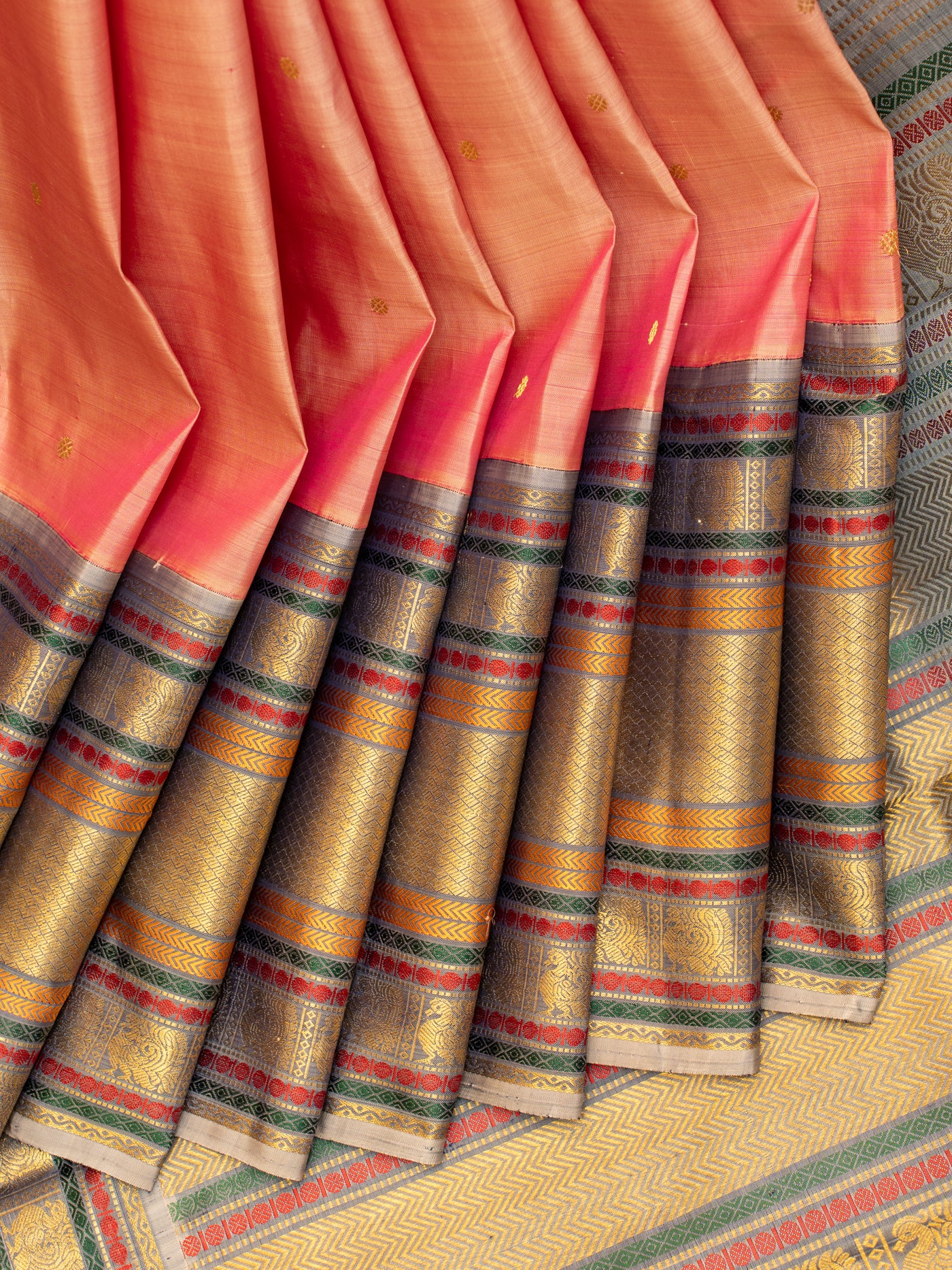 Pastel pink shot colour and grey pure zari Kanchipuram silk saree