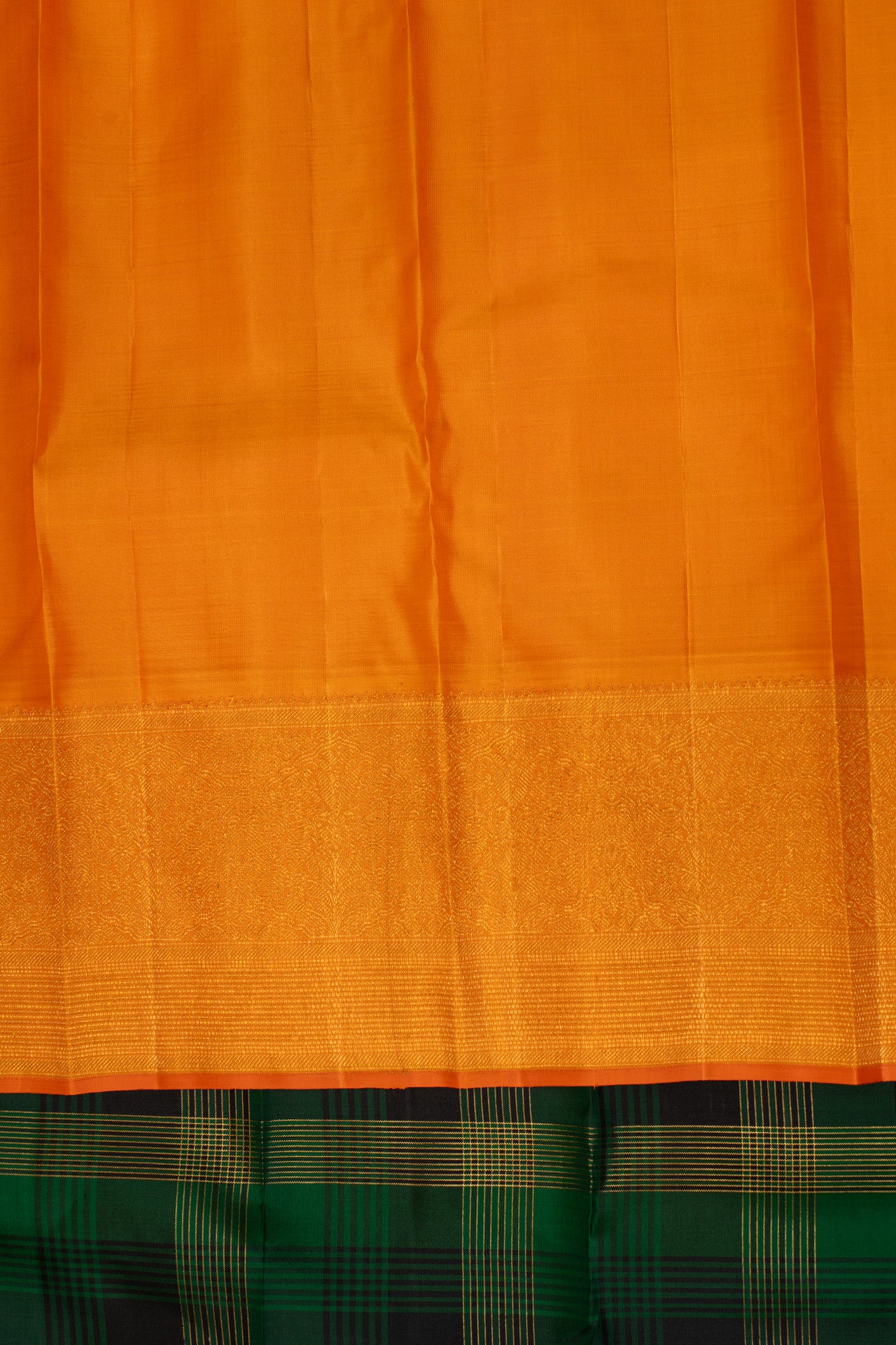 Bottle green and orange plaid checks pure zari Kanchipuram silk saree