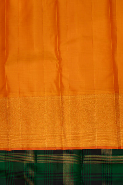 Bottle green and orange plaid checks pure zari Kanchipuram silk saree