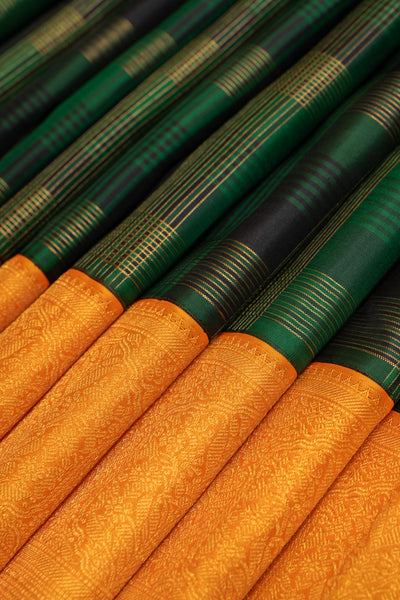 Bottle green and orange plaid checks pure zari Kanchipuram silk saree