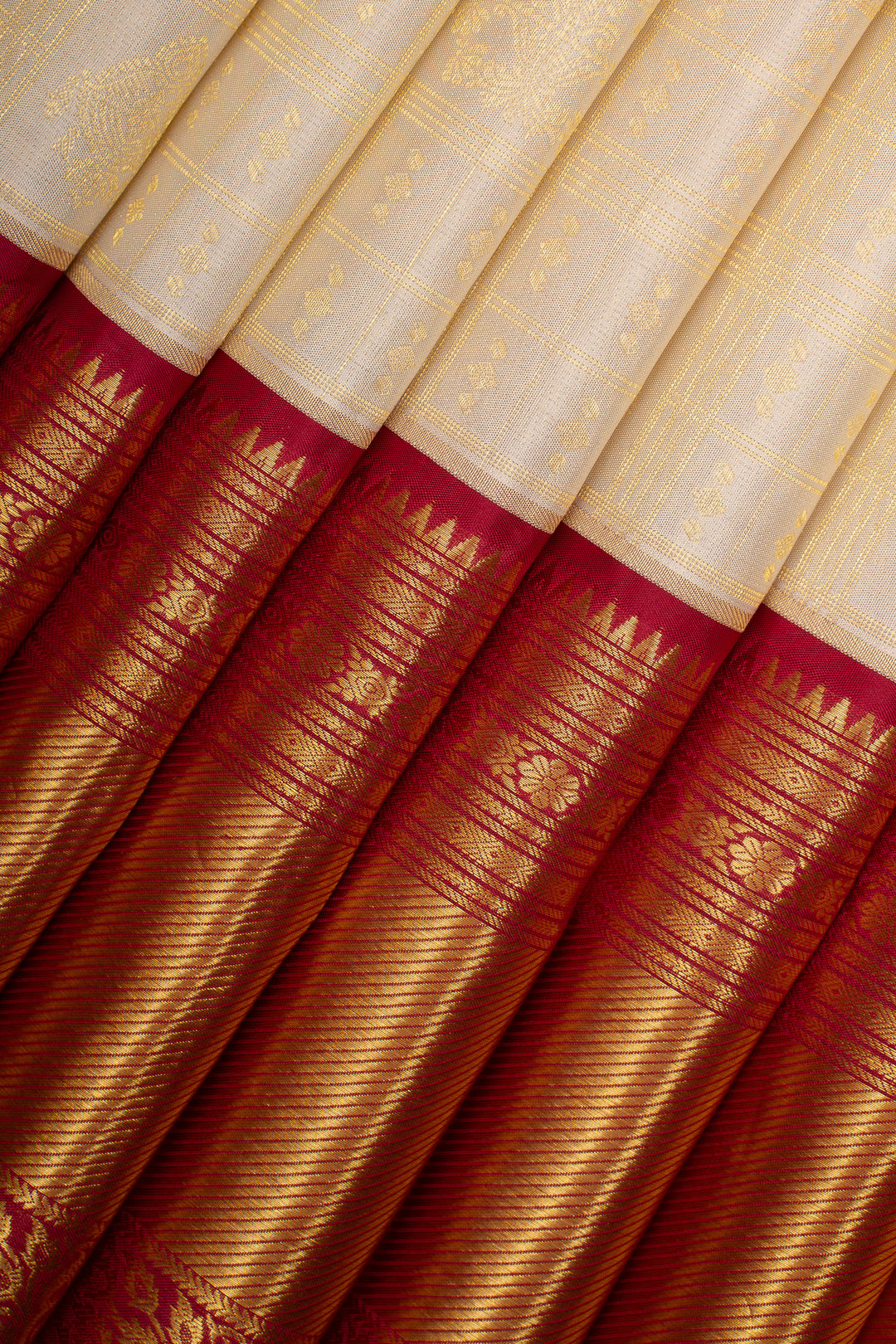 Ivory and Red Brocade Pure Kanchipuram Silk Saree