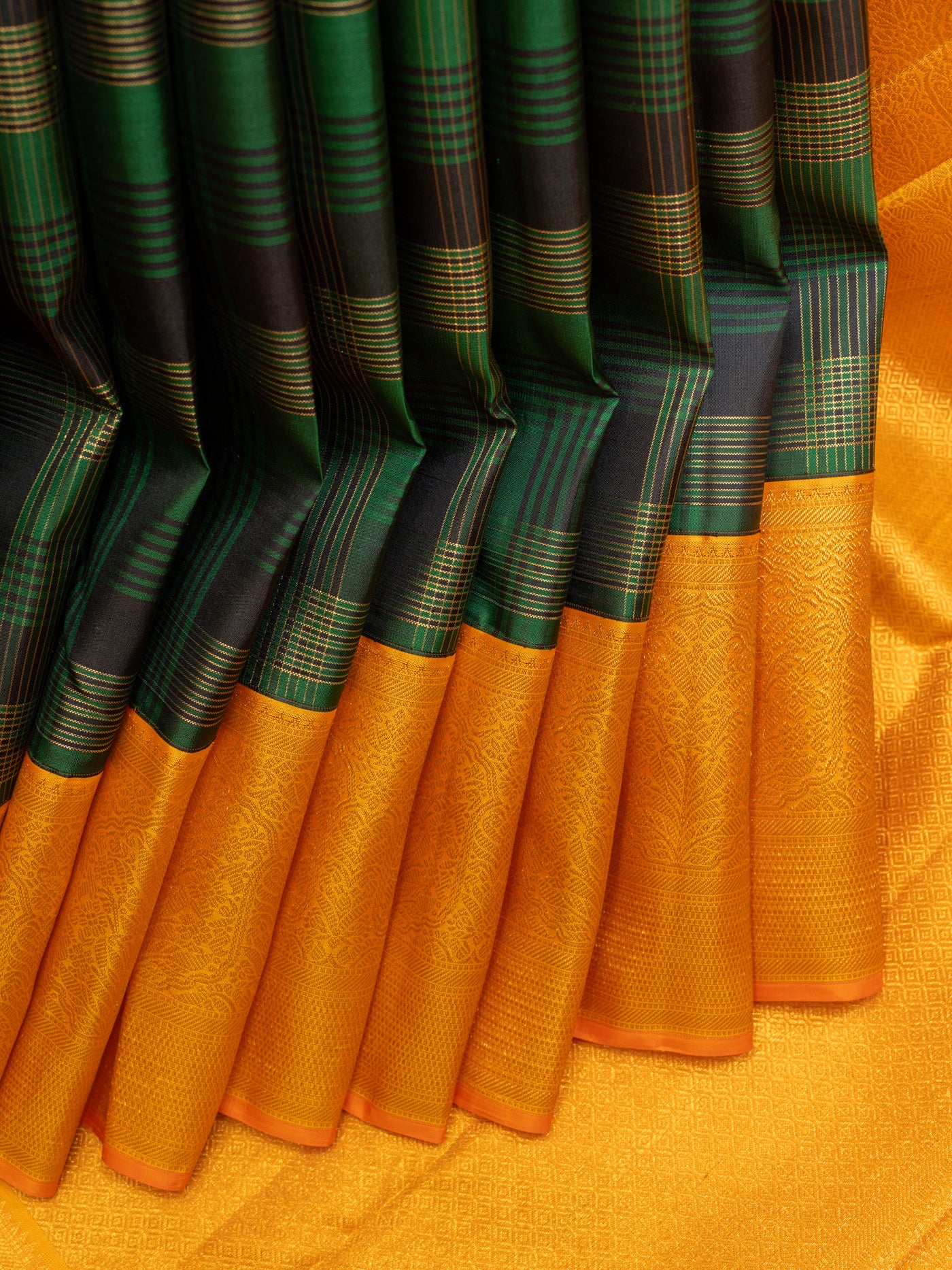 Bottle green and orange plaid checks pure zari Kanchipuram silk saree