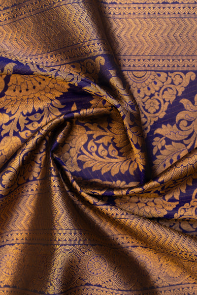 Detailed Thillakam Brocade Design in Gold on Indigo Blue Kanchipuram Silk Saree