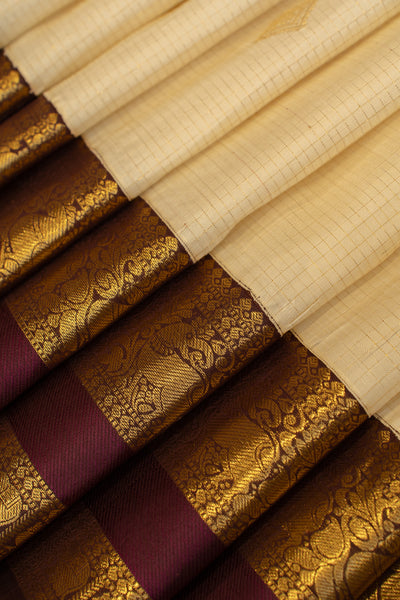 Off white and jamun Zari checks pure Kanchipuram silk saree