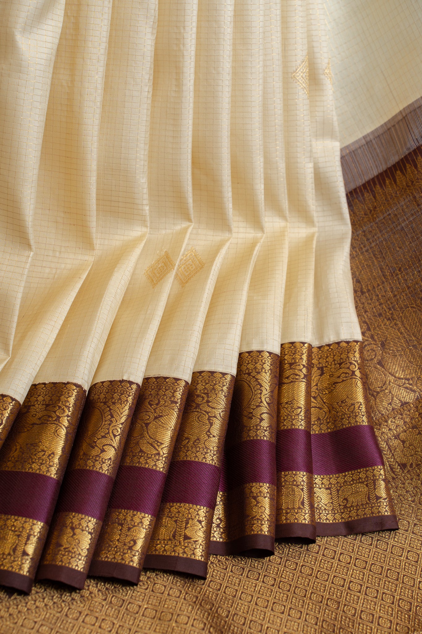 Off white and jamun Zari checks pure Kanchipuram silk saree