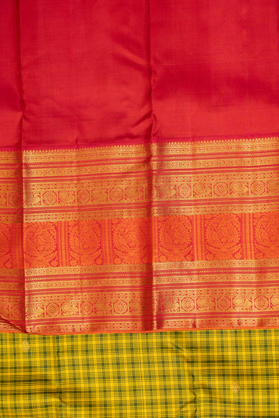 Lime green and peach checks pure zari Kanchipuram silk saree