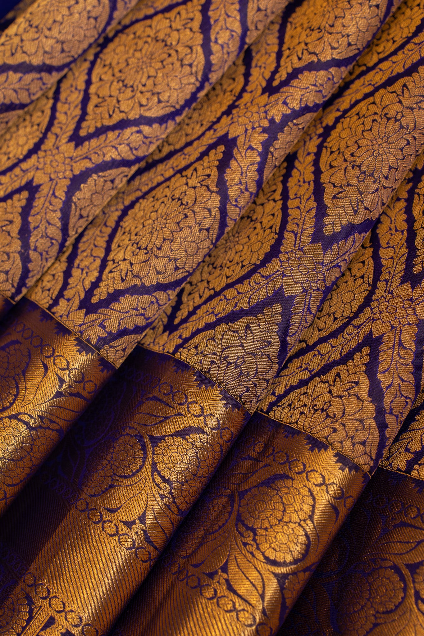 Close-up of Thillakam Brocade Design on Indigo Blue Pure Kanchipuram Silk Saree