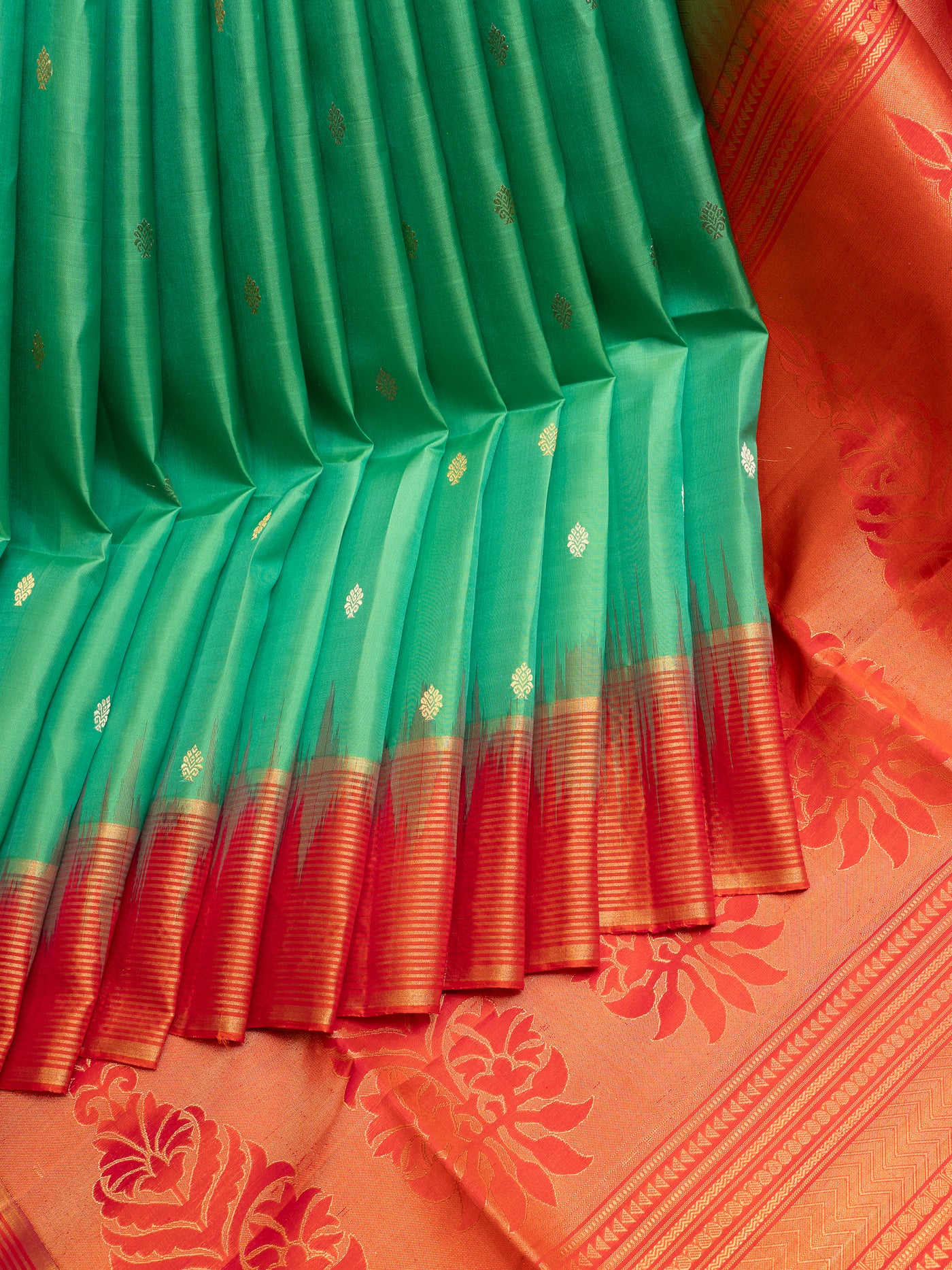 Cyan Green Butties and Peach Soft Silk Saree | Clio Silks