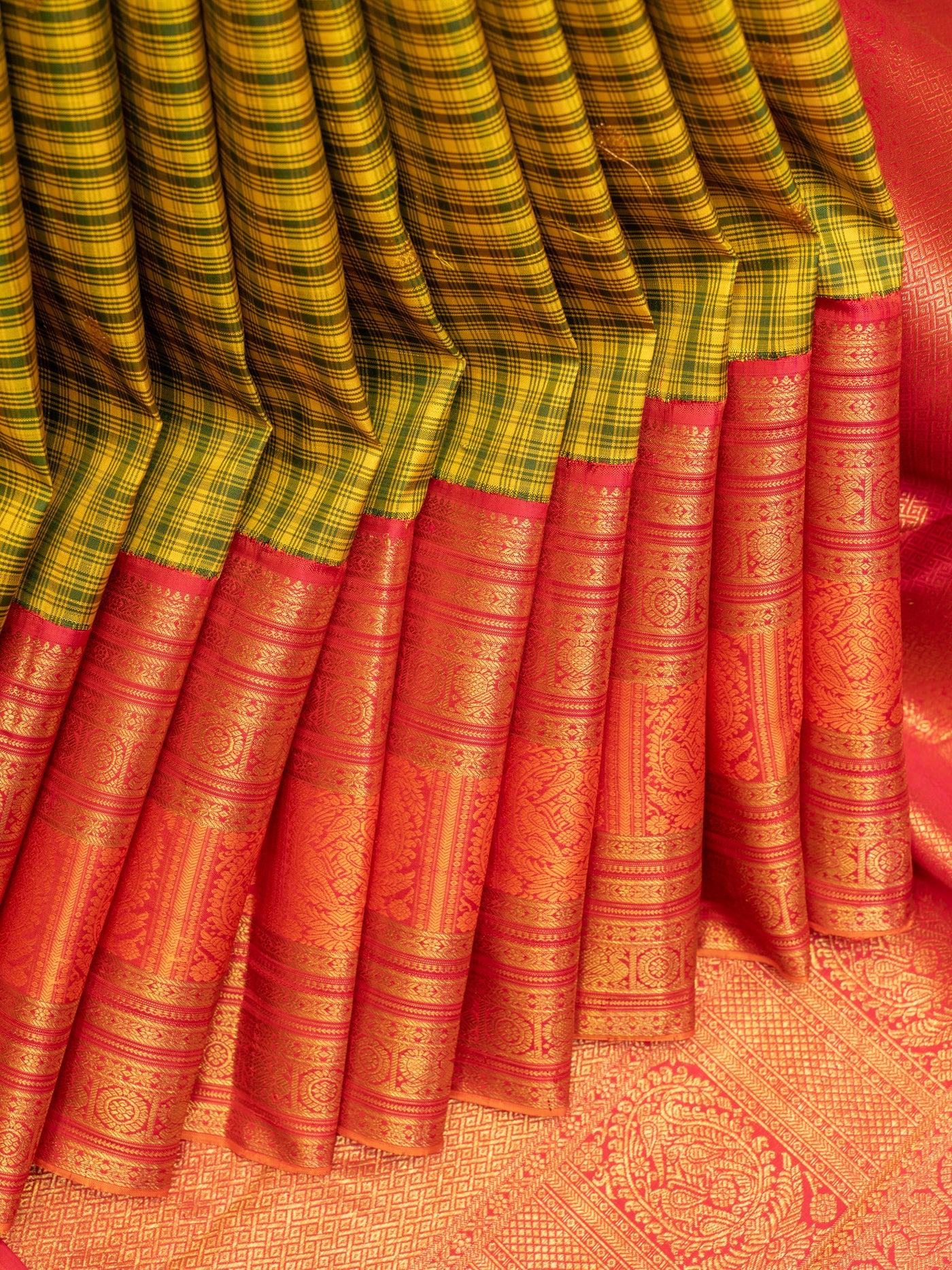 Lime green and peach checks pure zari Kanchipuram silk saree