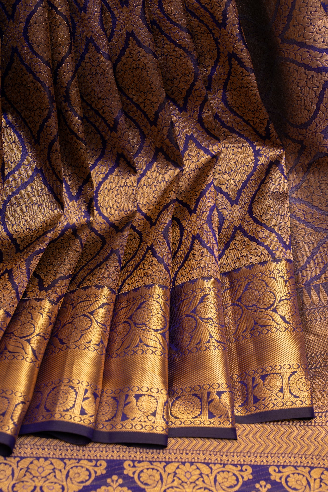 Full View of Woman in Indigo Blue Thillakam Brocade Kanchipuram Silk Saree