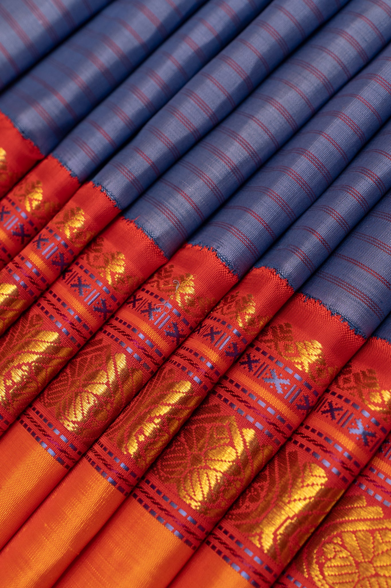 Violet blue and red rettai pettu pure Kanchipuram silk saree